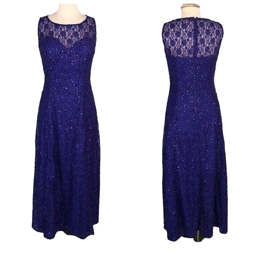 Elegant Evening Sequin Dress Fit Flare Sleeveless Sweetheart Illusion Lace Large